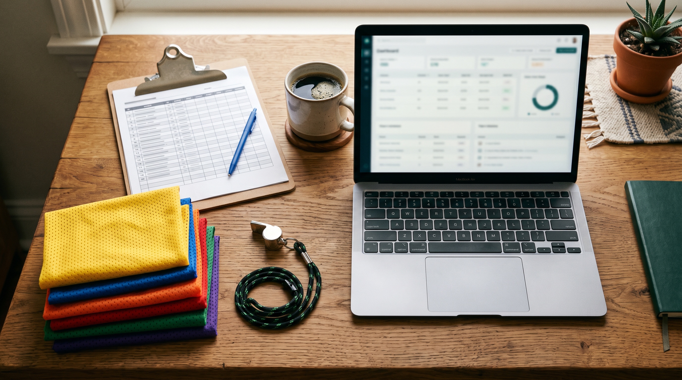 Organized youth sports program coordinator desk with laptop dashboard, roster clipboard and whistle