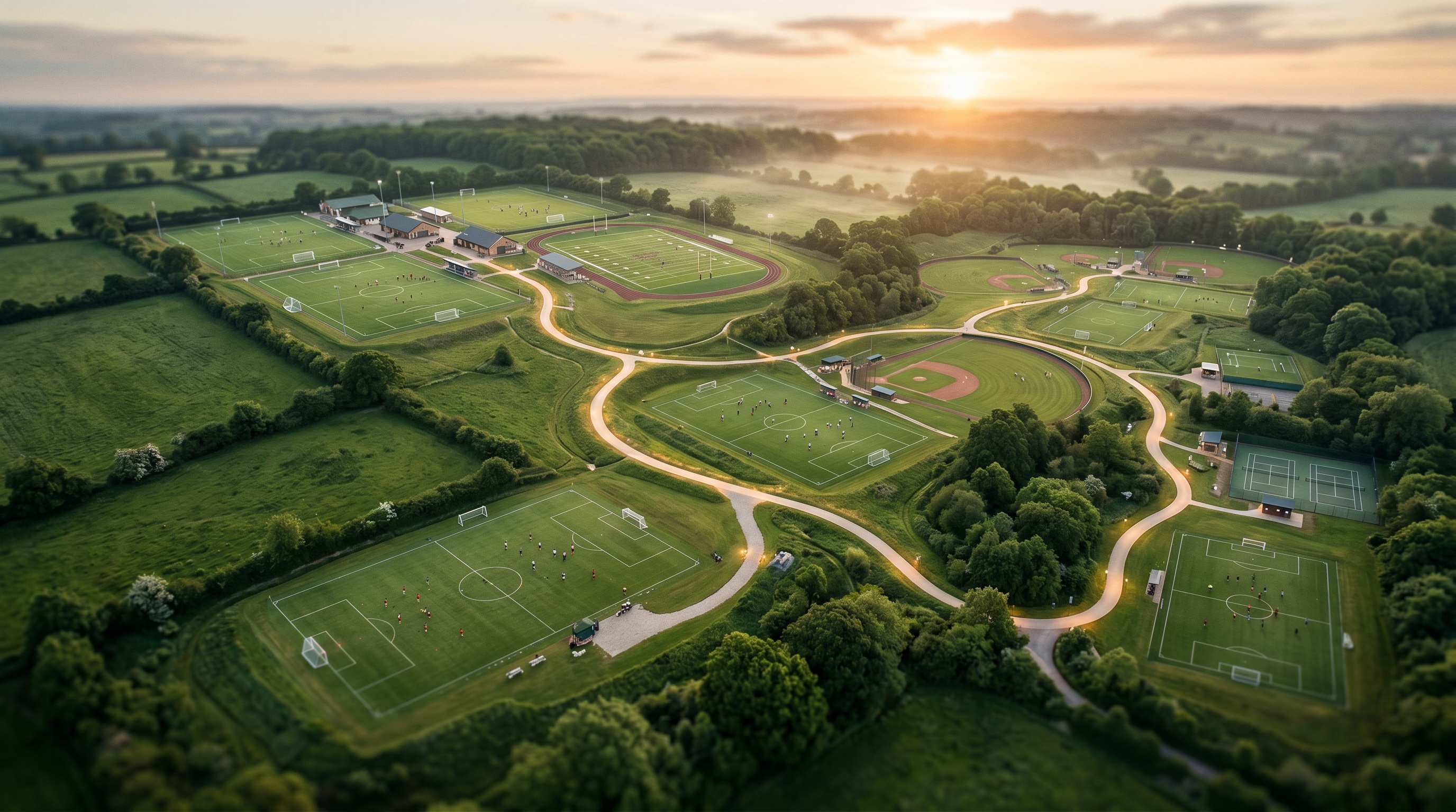 Aerial view of multiple youth sports fields and facilities connected across a landscape