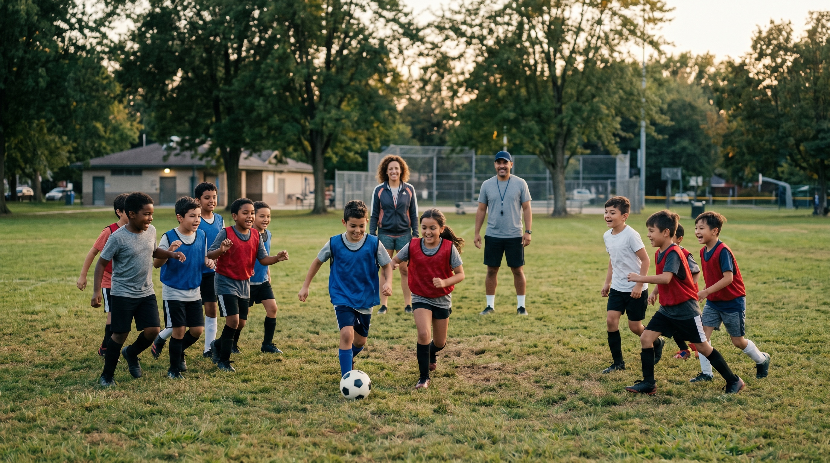 A diverse group of children playing youth sports together on a community field