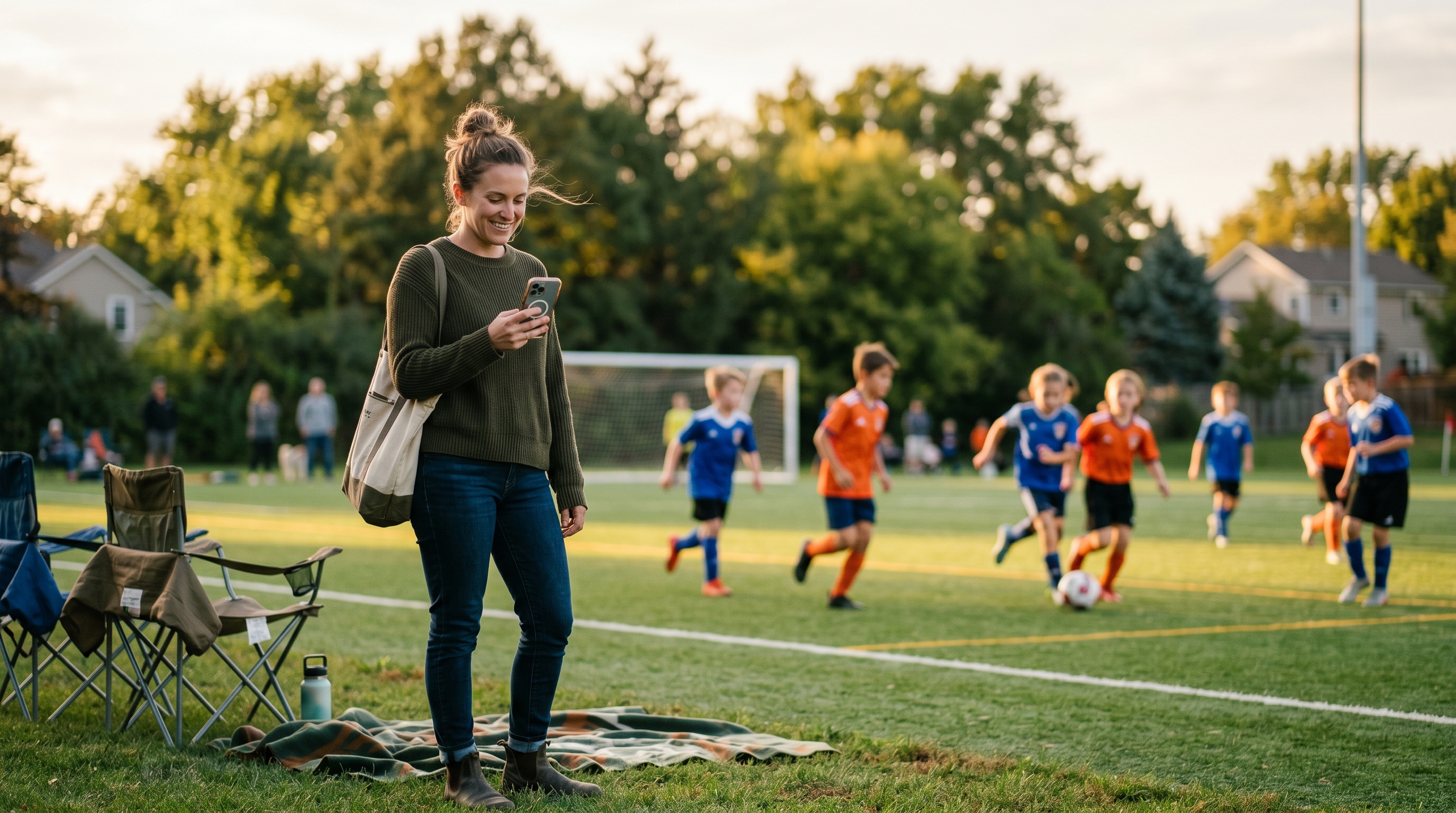 A parent on the sideline of a youth soccer field checking her phone while kids play