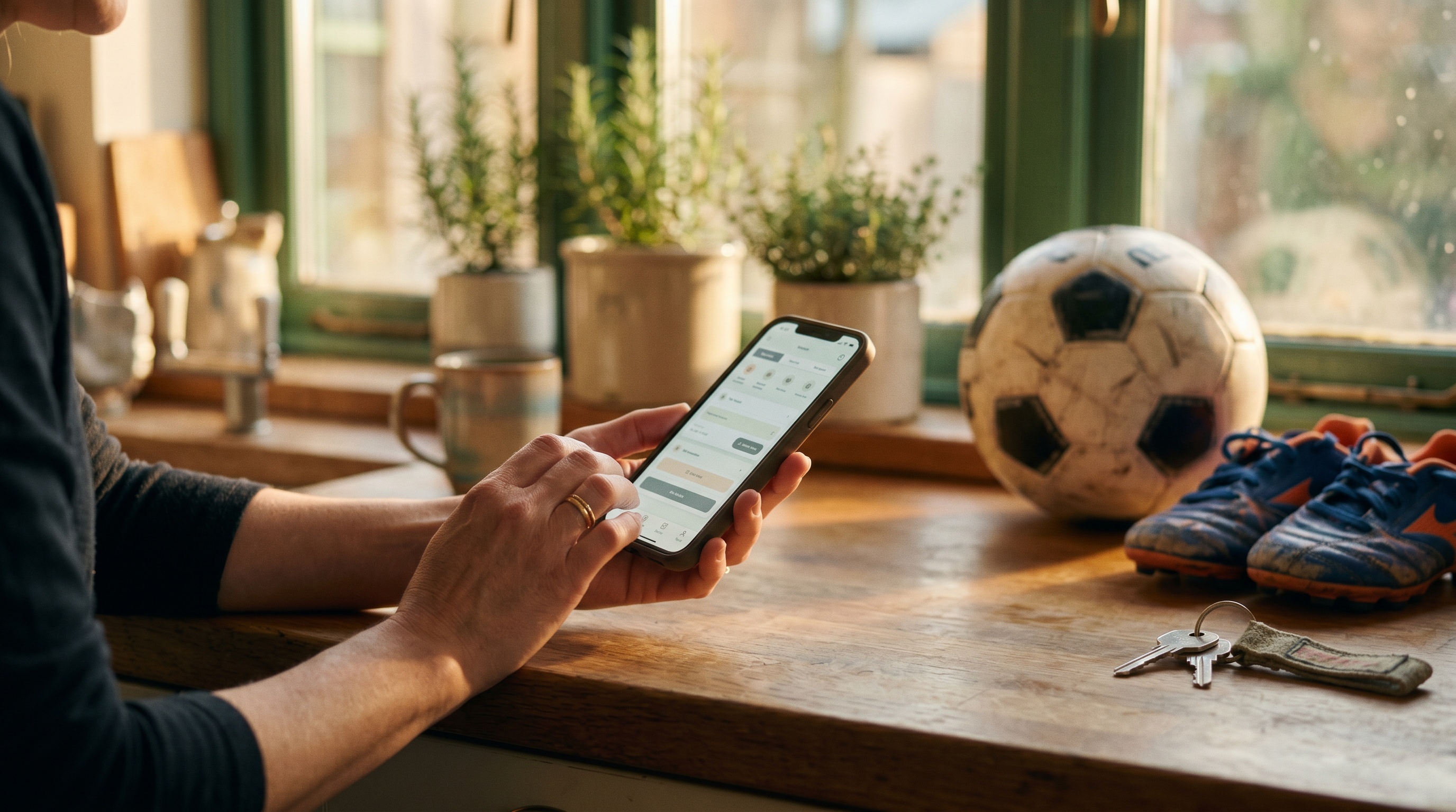 A parent registering a child for sports camp on a smartphone at a kitchen counter